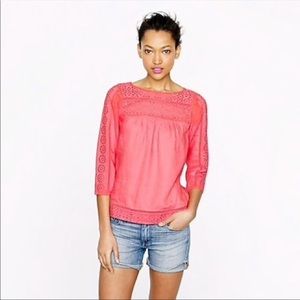 J. Crew Salmon Coral Linen Eyelet Top
